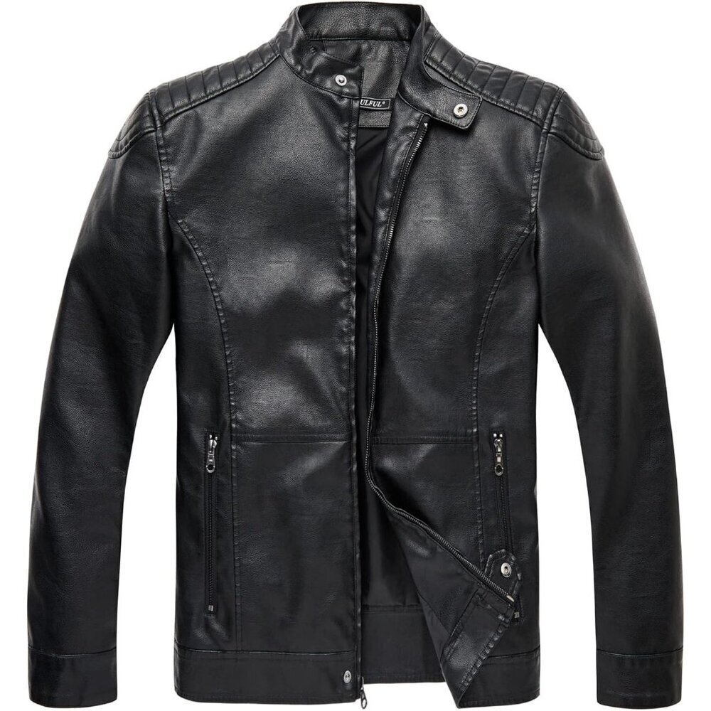 🆕Men's Black0075 Stand Leather Motorcycle Lightweight Faux Leather Jacket